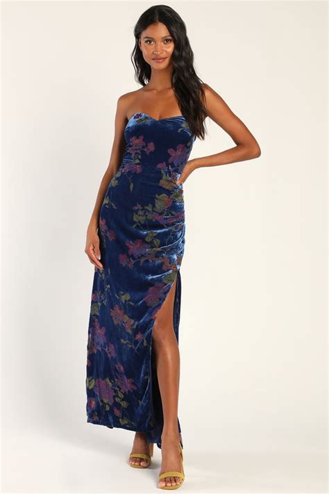 Blue Velvet Dress Burnout Floral Dress Strapless Maxi Dress Lulus