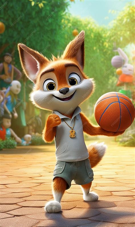Premium AI Image | Cartoon cute fox playing basketball in yard ...