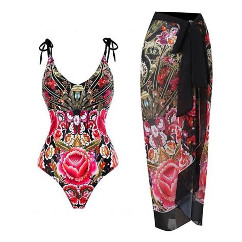 Maillot de Bain Une Pièce pour Femme avec Sarong Paréo de Plage Pièces Femme Bikini Rembourré