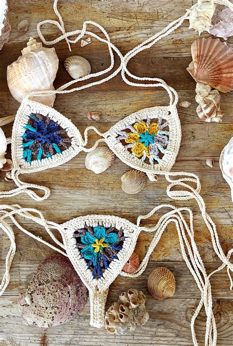 Boho Crochet Bikini Crochet Mesh Knit See Throughbikini Set Beige String Bikini Floral Mesh