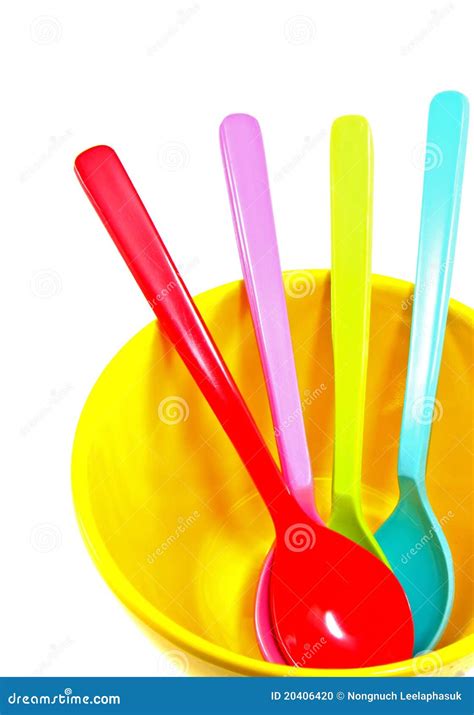 Group Of Plastic Spoons In Bowl Isolated Stock Photo Image Of Pink