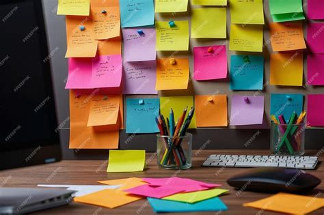 office desk  colorful sticky notes premium ai generated image