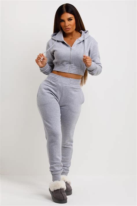 Womens Tracksuit With Zip Front Cropped Grey Uk