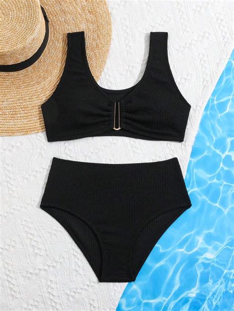 Tween Girl Split Swimsuit Bikini Set In Black And Rib Stripe Pattern