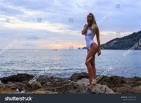 Sexy Blonde Woman White Swimsuit Standing Stock Photo Shutterstock