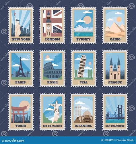 Set Of Travel Postage Stamps Cartoon Vector Cartoondealer