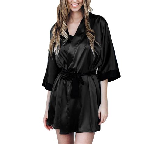 Jiyugala Pajamas Robe For Women Plus Size Black Silk Satin Kimono Lace Bathrobe Lingerie