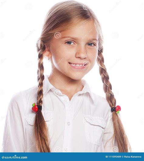 Cute Blonde Girl With Pigtails Smiling Isolated On White Backgro Stock Image Image Of Enjoy