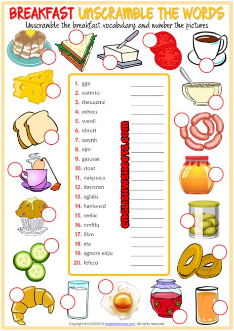 Breakfast Esl Printable Unscramble The Words Worksheet