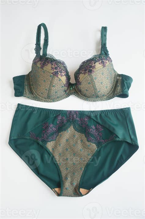 Lingerie Beautiful Lace Green Set Bra And Panties For Women On A White Background