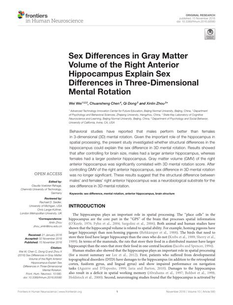 PDF Sex Differences In Gray Matter Volume Of The Right Anterior Hippocampus Explain Sex