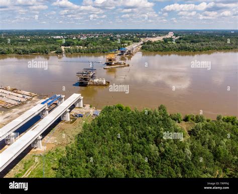 Aerial View Of South Bridge Construction Site Over Vistula River