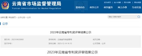 云南省市场监督管理局关于2023年云南省专利奖评审结果公示 网站