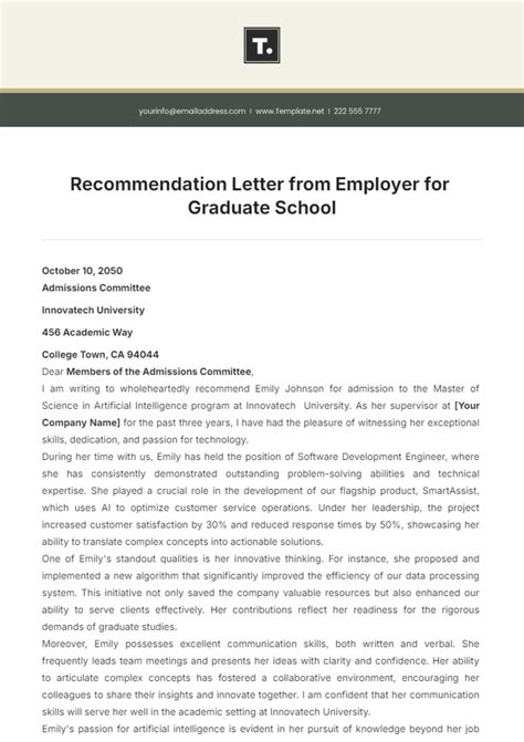 Free Recommendation Letter from Employer for Graduate School Template