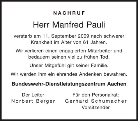 Traueranzeigen Von Manfred Pauli Aachen Gedenkt