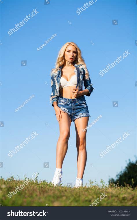Beautiful Sexy Blonde Woman Dressed Denim Stock Photo 1307533684 Shutterstock