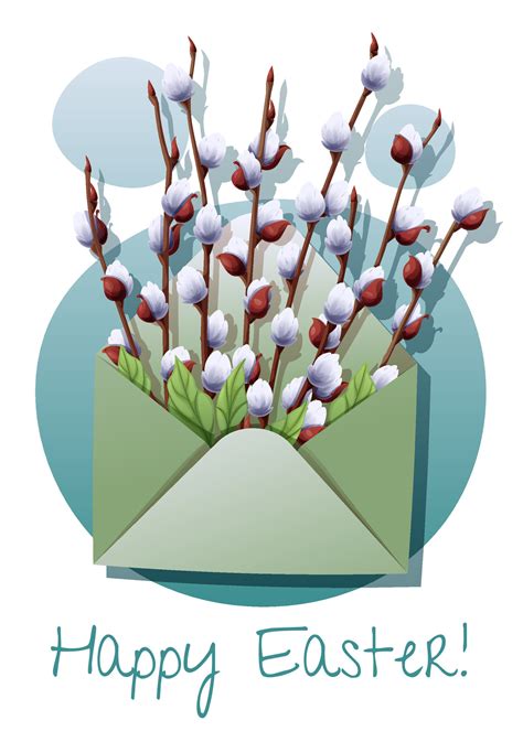 Easter Greeting Card Template Poster Banner With Pussy Willow Branches In An Envelope Hello
