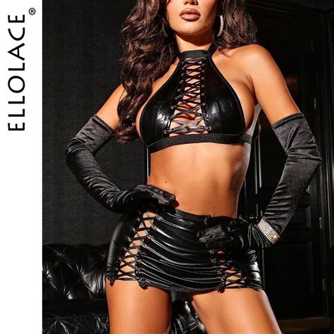 Ellolace Leather Fetish Lingerie Sexy Lace Up Bandage Outfits Latex Exotic Sets Fantasy
