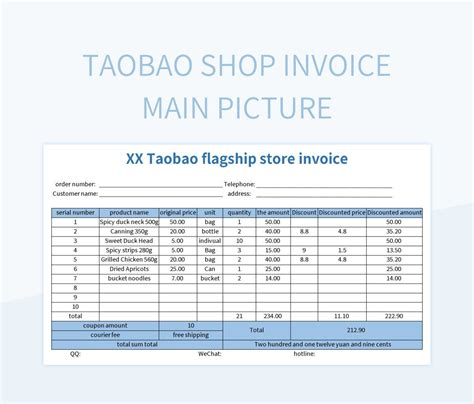 Taobao Shop Invoice Main Picture Excel Template And Google Sheets File