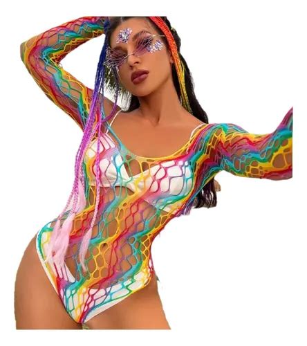 Body Manga Longa Arrastão Sexy Lingerie Colorido Arco íris MercadoLivre