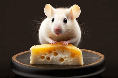 Premium Photo White Cute Mouse Eating Cheese Sitting On Round White