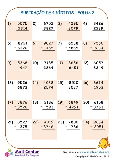 Contas De Subtração 4 Ano - Quarto Ano Planilhas: Subtração de Vários Dígitos Com Reagrupamento ...