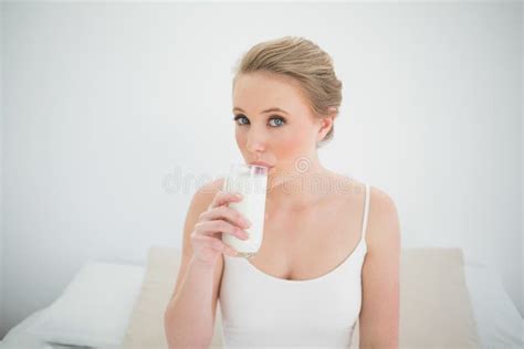 Natural Content Blonde Drinking A Glass Of Milk Stock Photo Image Of Ethnicity Comforter