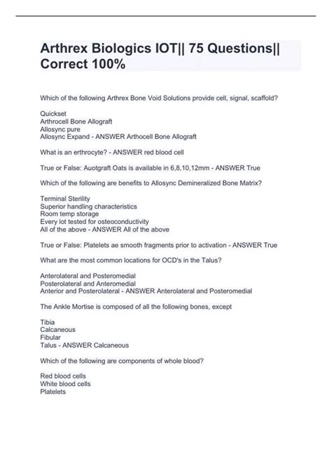 Arthrex Biologics IOT|| 75 Questions|| Correct 100% - Arthrex Sports