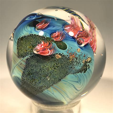 Signed Josh Simpson Art Glass Marble Complex Inhabited Planet W Mille