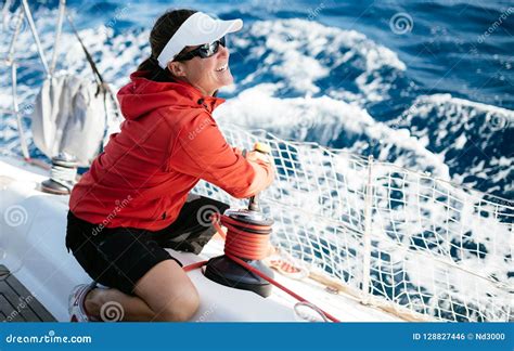 Attractive Strong Woman Sailing With Her Boat Stock Photo Image Of