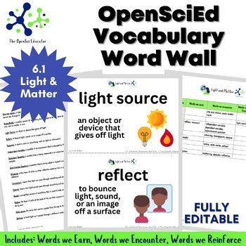 Openscied Light Matter Vocabulary Word Wall By The Opensci Educator