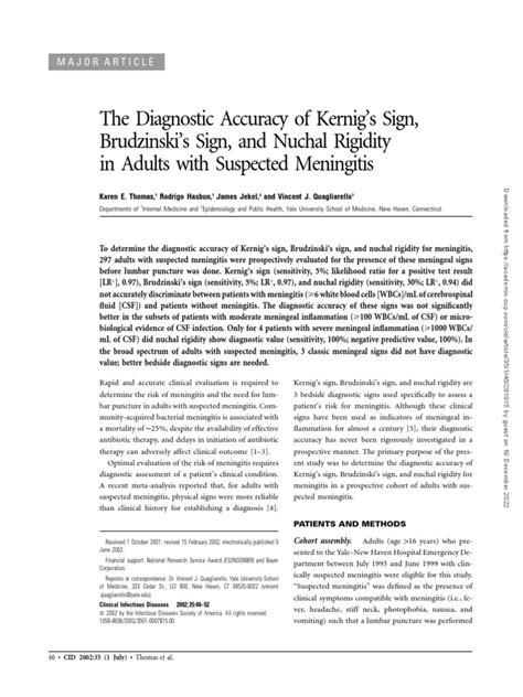 The Diagnostic Accuracy Of Kernig S Sign Brudzinski S Sign And Nuchal Rigidity In Adults With