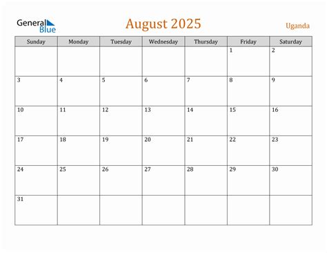 Free August 2025 Uganda Calendar