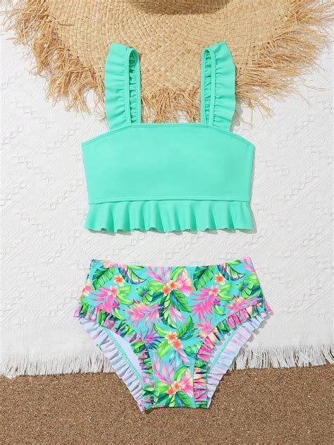 Girls Piece Swimsuit Floral Print Ruffle Trim Bikini Set Bathing Suits Beach Wear And