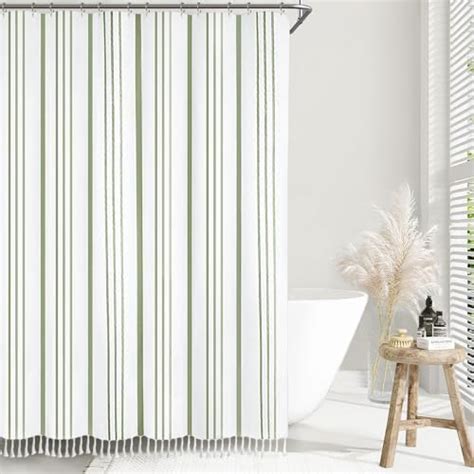 Awellife Sage Green Boho Shower Curtain White Linen Cotton Cloth Striped Farmhouse