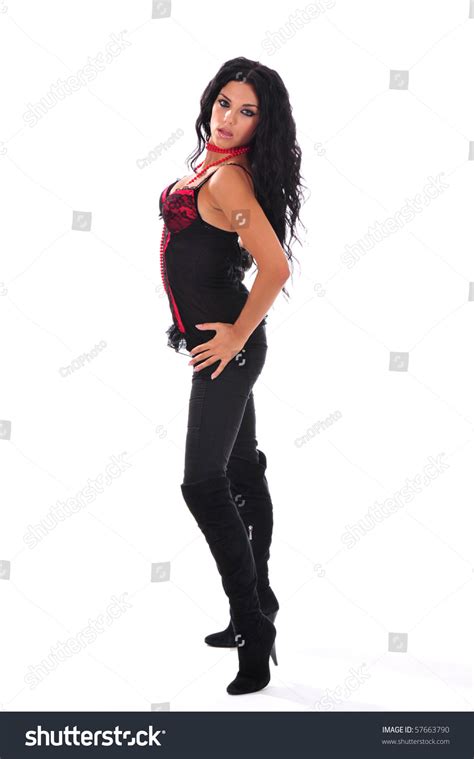 Sexy Brunette Red Corset Posing Stock Photo Shutterstock
