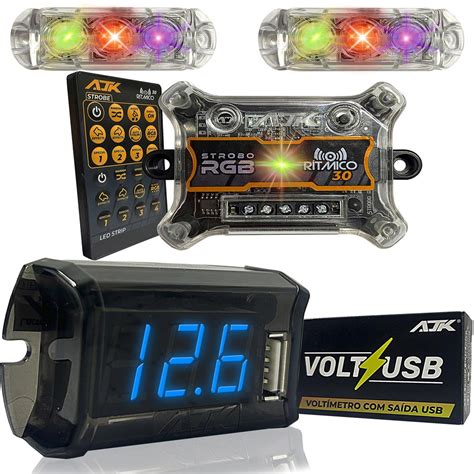 Kit 2 Strobo Ritmico RGB Voltimetro USB Som Automotivo Caixa BOB