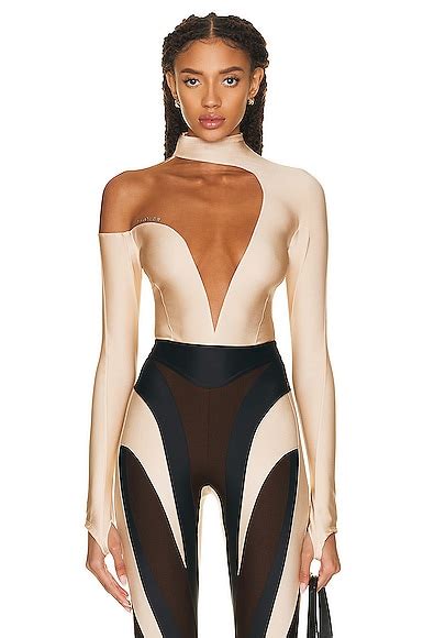 Mugler Deep Mesh Bodysuit In Powder Nude Fwrd