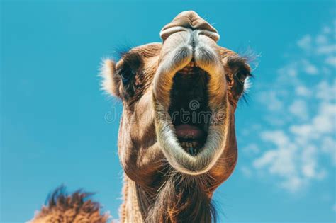 Dromedary Camel Opening Mouth Wide with Blue Sky Background Stock Photo - Image of dromedary ...