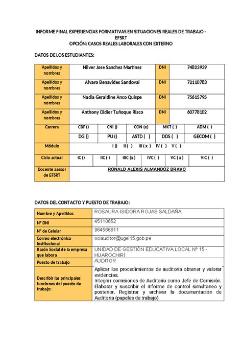 Experiencias Avance INFORME FINAL EXPERIENCIAS FORMATIVAS EN