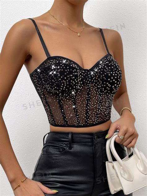 SHEIN BAE Sequin Mesh Bustier Crop Cami Top SHEIN USA