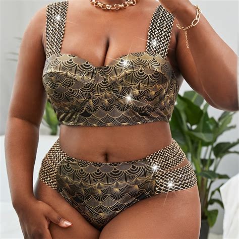 Plus Size Sexy Bikini Set Women S Plus Fish Scales Print Stitch Detail