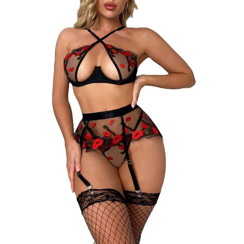 Women Sexy Lingerie Strappy Lace Garter Lingerie Sets Mesh Bra Panty