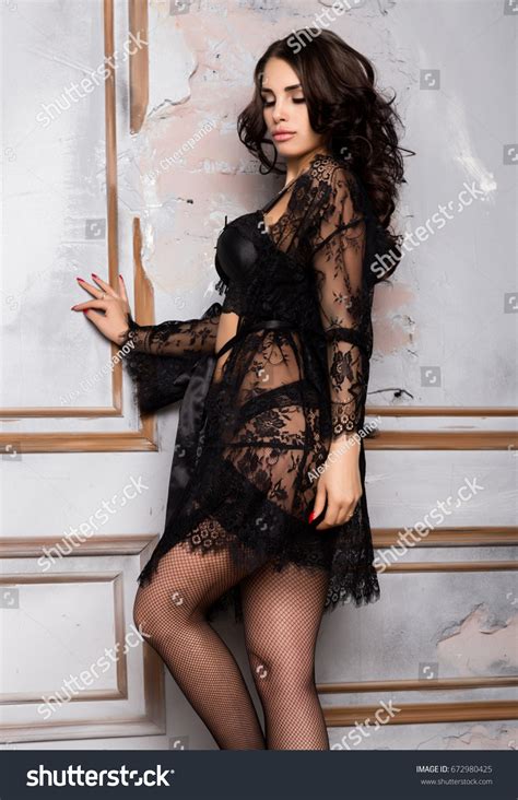 Стоковая фотография 672980425 Beautiful Woman Wearing Black Lingerie Sexy Shutterstock