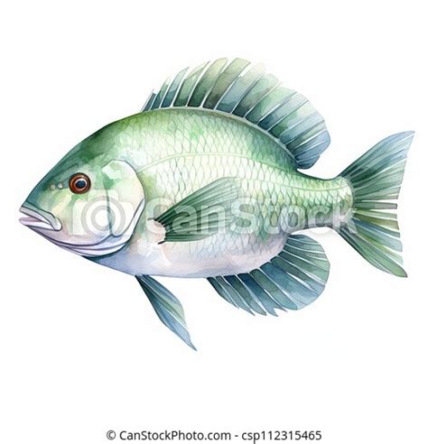 Realistic watercolor clipart of tilapia fish on white background. A green fish gracefully swims ...