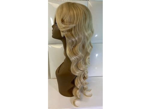 Full Wig Side Swept Bangs LIGHT BLONDE HAIR Long Full Bouncy Waves Synthetic Natural