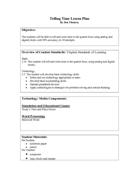 Telling Time Lesson Plan Lesson Plan for 1st - 2nd Grade | Lesson Planet