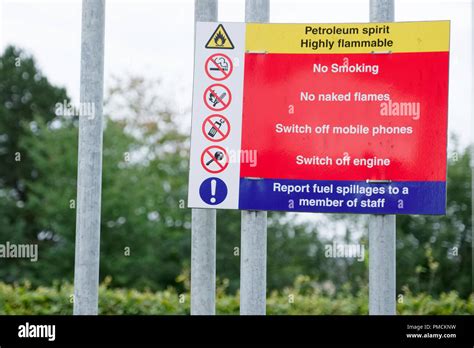 Petroleum Spirit Highly Flammable No Smoking Naked Flames Safety Sign At Petrol Gas Station