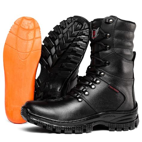 Bota Coturno Militar Cano Longo Preto Em Couro Palmilha Em Gel