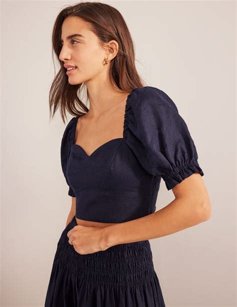 Sweetheart Linen Cropped Top Navy Boden Uk